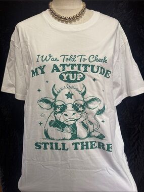Graphic Tee - White with Green Cow Attitude Print